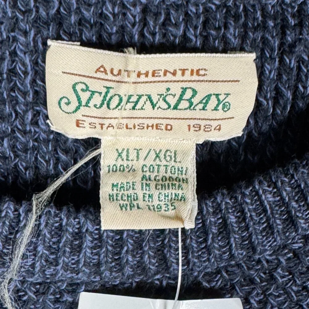St Johns Bay Fisherman Sweater Mens Size‎ XLT Navy Cable Knit Raglan Ribbed VTG